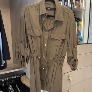 Zara Khaki Utility Shirt Dress